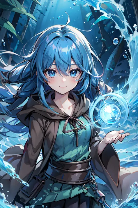 masterpiece, best quality, ultra-detailed, extremely detailed,illustration, 1girl, solo, eria ygo, hair between eyes, long hair, green shirt, open robe, hooded robe, brown robe, pleated skirt, black skirt, medium breasts, smile, closed mouth, looking at viewer, holding staff, hydrokinesis, water, light particles, floating hair, forest, blue sky, upper body, <lora:Eria_YGO-10:1> <lora:%E5%BE%A1%E6%B0%B4%20V3:0.5>