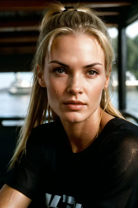 RAW, real photo portrait, bristy1, on a boat, (wearing a wet black t-shirt), pretty face, insanely detailed eyes, light blonde hair, high ponytail, bokeh, natural light, depth of field, golden hour, sharp focus