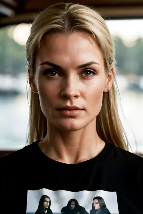 RAW, real photo portrait, bristy1, on a boat, (wearing a wet black t-shirt), pretty face, insanely detailed eyes, light blonde hair, high ponytail, bokeh, natural light, depth of field, golden hour, sharp focus