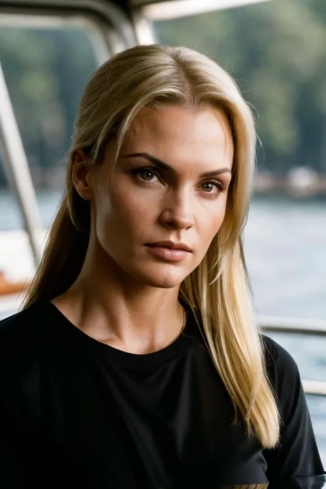 RAW, real photo portrait, bristy1, on a boat, (wearing a wet black t-shirt), pretty face, insanely detailed eyes, light blonde hair, high ponytail, bokeh, natural light, depth of field, golden hour, sharp focus