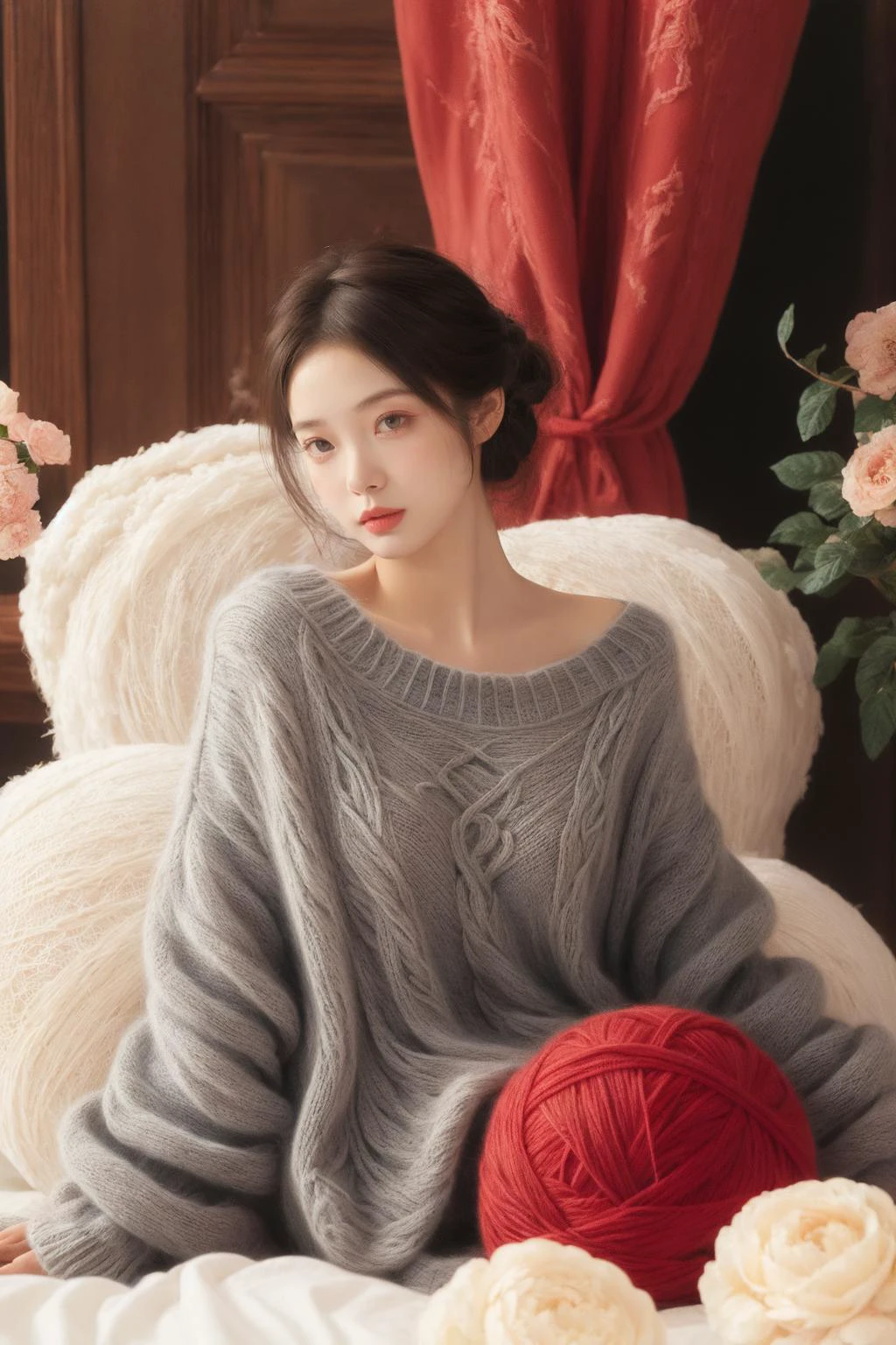 a girl in red sweater,giant yarn ball,created infinite,extremely detailed,beautiful,intricate,elegant,light,dynamic composition,surreal,<lora:å个æ¯çº¿AI:0.7>,sitting,vibrant colors,victorian theme,sharp focus,dramatic lighting,imaginative,happy,<lora:MengX girl_Mix_V40:0.8>,blush,lazy,<lora:ç°ä»£æµ®ä¸ç»æç»é£_1:1.2>,Takato Yamamoto style,flower,