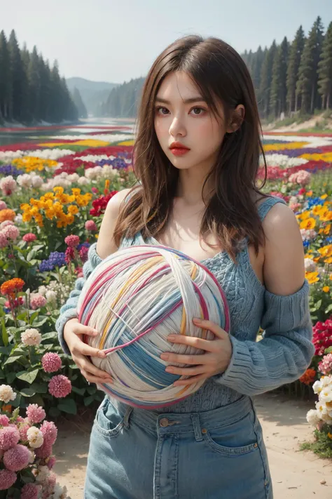 1girl, flower field, ball of yarn like flowers, giant yarn ball,
((by andreas gursky))