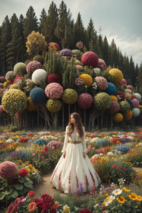 1girl, flower field, ball of yarn like flowers, giant yarn ball,
((by andreas gursky))