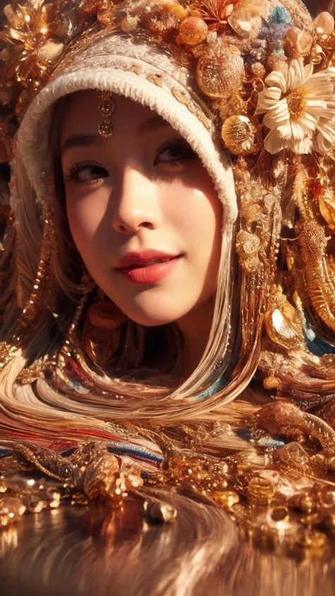 (Realistic),masterpiece,best quality,cinematic lighting,natural shadow,highest detail,professional photography,detailed background,depth of field,insane details,intricate,aesthetic,detailed face,subsurface scattering,looking at viewer,Close-Up,
1girl,photo of a cute girl,full body,light smile,charming,20yo,curly hair.Side parted,Metallic gold hair,fluorescence,Jilbab,Ribbon,Kneeling pose,
<lora:add_detail:1>,<lora:Better light:1>,<lora:èèçº±çº¿ç:0.8>,giant yarn ball, still, vibrant, gorgeous, intricate, elegant, luxury, elite, dramatic atmosphere, cinematic, directed, extremely, detailed, beautiful, stunning, elaborate, sharp focus, rational, artistic, appealing, iconic, fantastic, epic, rich deep colors, color, amazing, marvelous, wonderful, fabulous, brilliant, splendid, outstanding, bright