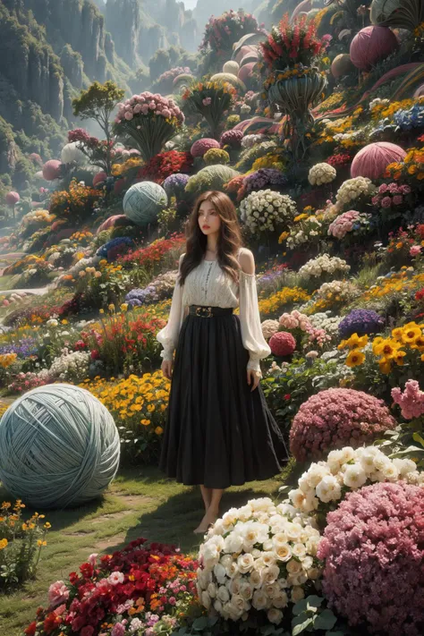 1girl, flower field, ball of yarn like flowers, giant yarn ball,
((by andreas gursky))