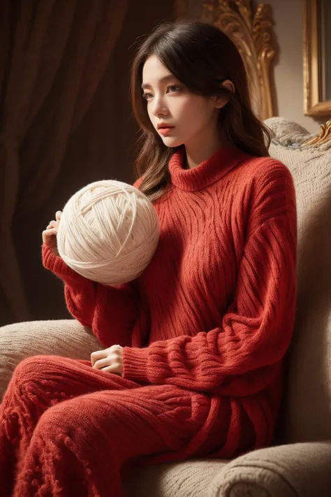 a girl in red sweater,giant yarn ball,created infinite,extremely detailed,beautiful,intricate,elegant,light,dynamic composition,surreal,<lora:åä¸ªæ¯çº¿AI:0.6>,sitting,vibrant colors,victorian theme,sharp focus,dramatic lighting,imaginative,