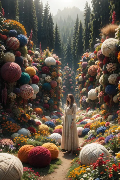 1girl, flower field, ball of yarn like flowers, giant yarn ball,
((by andreas gursky))