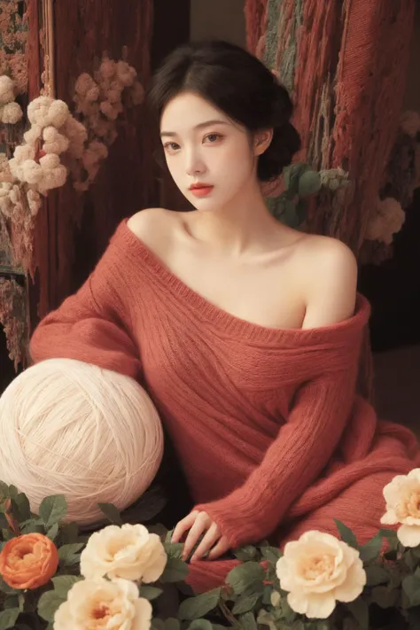 a girl in red sweater,giant yarn ball,created infinite,extremely detailed,beautiful,intricate,elegant,light,dynamic composition,surreal,<lora:å个æ¯çº¿AI:0.7>,sitting,vibrant colors,victorian theme,sharp focus,dramatic lighting,imaginative,happy,<lora:MengX girl_Mix_V40:0.8>,blush,lazy,<lora:ç°ä»£æµ®ä¸ç»æç»é£_1:1.2>,Takato Yamamoto style,flower,