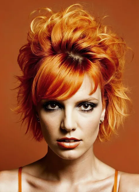 analog style, modelshoot style, portrait of sks woman by Flora Borsi, style by Flora Borsi, bold, bright colours, orange Mohawk haircut, ((Flora Borsi)), <lora:locon_britney_v1_from_v1_64_32:1.3>