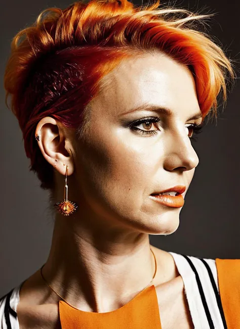 analog style, modelshoot style, portrait of sks woman by Flora Borsi, style by Flora Borsi, bold, bright colours, orange Mohawk haircut, ((Flora Borsi)), <lora:locon_britney_v1_from_v1_64_32:1.3>