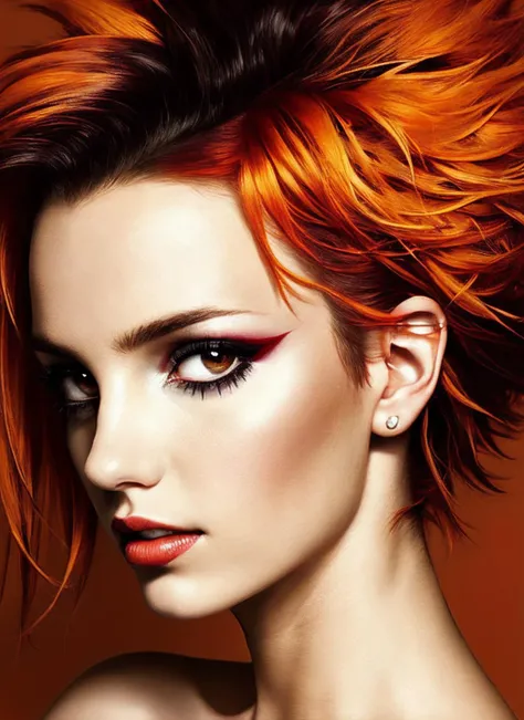 modelshoot style, portrait of sks woman by Flora Borsi, style by Flora Borsi, bold, bright colours, orange Mohawk haircut, ((Flora Borsi)), <lora:locon_britney_v1_from_v1_64_32:1.3>