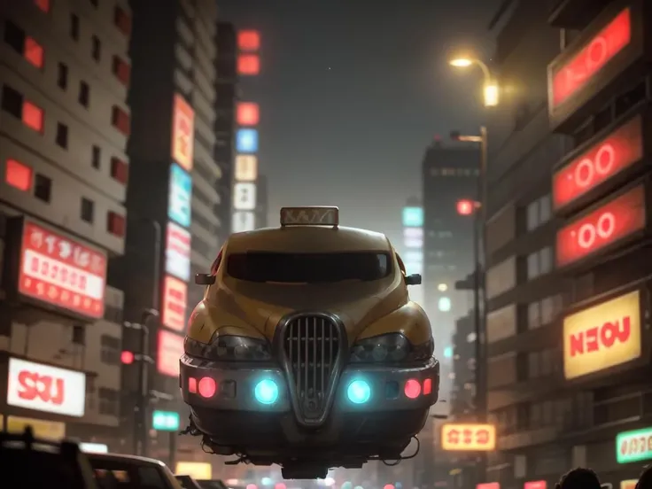 Gorgeously rendered 4k photograph of 5thElementCab flying through cyberpunk Tokyo at night, neon signs, complex background, <lora:5thElementCab-000012:0.9>