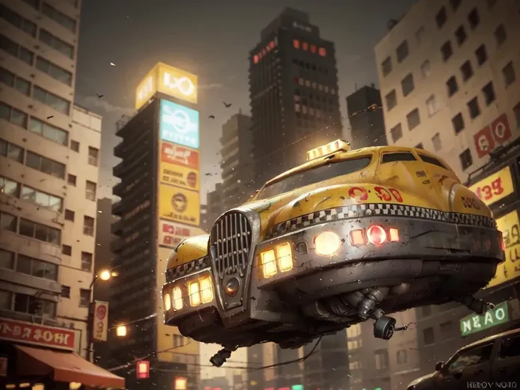 Gorgeously rendered 4k photograph of 5thElementCab hovering over dystopian New York City, neon signs, complex background, <lora:5thElementCab-000012:0.9>