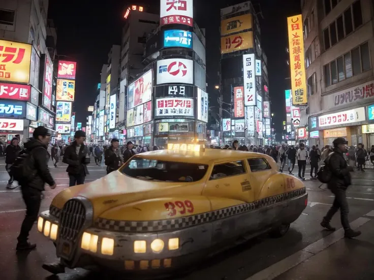 Gorgeously rendered 4k photograph of 5thElementCab flying through cyberpunk Tokyo at night, neon signs, complex background, <lora:5thElementCab-000012:0.9>