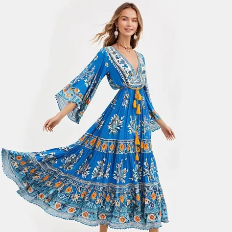 fashion model,Dasha stood out in her bohemian maxi dress that seemed to dance along with her,Bohemian exotic dress,exquisite details,her inviting onlookers into a world full of friendly invitation and carefree spirit.,<lora:rnpxuq18f20eee557m67:1>,<lora:Amazon_fashion:1>,simple_background,white_background,absurdres,(full_shot:1.1),