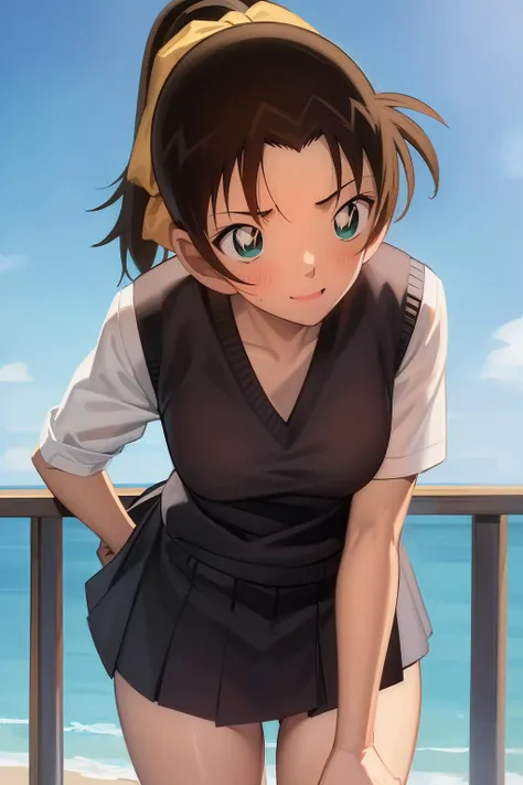 ((masterpiece)), (8k, high_resolution), (distinct_image), (best quality), (sunshine, face on light), (face on light:1.1), (meitantei conan \(style\), detecive conan \(style\), meitantei conan), solo, beautiful eyes and detailed face, ((1girl, solo)), medium breasts, wide hip, (abs:0.8) (ponytail), (blush, smile), ((school uniform)), <lora:kazuha-015:1>