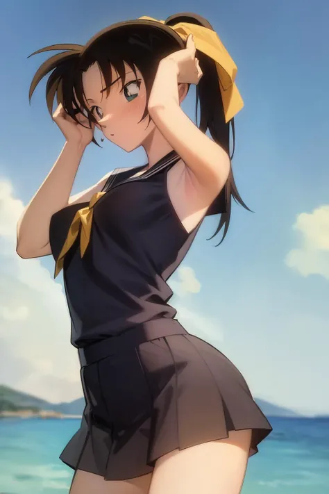 ((masterpiece)), (8k, high_resolution), (distinct_image), (best quality), (sunshine, face on light), (face on light:1.1), (meitantei conan \(style\), detecive conan \(style\), meitantei conan), solo, beautiful eyes and detailed face, ((1girl, solo)), medium breasts, wide hip, (abs:0.8),(ponytail), (school uniform, ribbon), (blush, adjusting hair), <lora:kazuha-015:1>