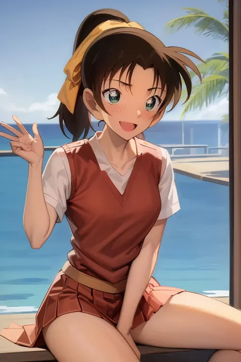 ((masterpiece)), (8k, high_resolution), (distinct_image), (best quality), (sunshine, face on light), (face on light:1.1), (meitantei conan \(style\), detecive conan \(style\), meitantei conan), solo, beautiful eyes and detailed face, ((1girl, solo)), medium breasts, wide hip, (abs:0.8),(ponytail), (school uniform, ribbon), (blush, happy, happy smile, laughing), <lora:kazuha-015:1>