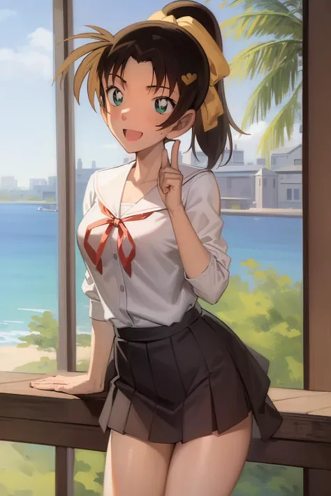 ((masterpiece)), (8k, high_resolution), (distinct_image), (best quality), (sunshine, face on light), (face on light:1.1), (meitantei conan \(style\), detecive conan \(style\), meitantei conan), solo, beautiful eyes and detailed face, ((1girl, solo)), medium breasts, wide hip, (abs:0.8),(ponytail), (school uniform, ribbon), (blush, happy, happy smile, laughing), <lora:kazuha-015:1>