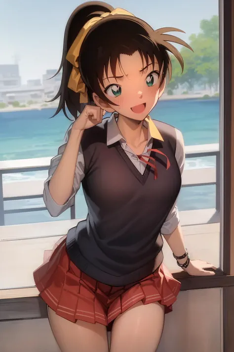 ((masterpiece)), (8k, high_resolution), (distinct_image), (best quality), (sunshine, face on light), (face on light:1.1), (meitantei conan \(style\), detecive conan \(style\), meitantei conan), solo, beautiful eyes and detailed face, ((1girl, solo)), medium breasts, wide hip, (abs:0.8),(ponytail), (school uniform, ribbon), (blush, happy, happy smile, laughing), <lora:kazuha-015:1>