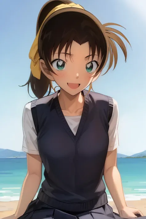 ((masterpiece)), (8k, high_resolution), (distinct_image), (best quality), (sunshine, face on light), (face on light:1.1), (meitantei conan \(style\), detecive conan \(style\), meitantei conan), solo, beautiful eyes and detailed face, ((1girl, solo)), medium breasts, wide hip, (abs:0.8),(ponytail), (school uniform), (blush, happy, happy smile, laughing), <lora:kazuha-015:1>