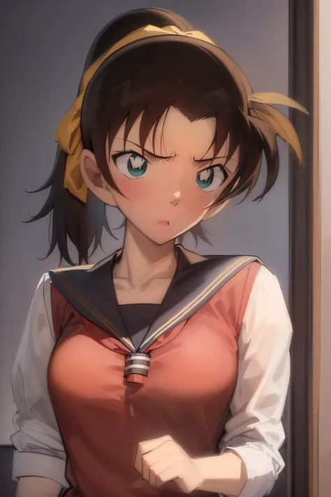 ((masterpiece)), (8k, high_resolution), (distinct_image), (best quality), (meitantei conan \(style\), detecive conan \(style\), meitantei conan), solo, beautiful eyes and detailed face, ((1girl, solo)), medium breasts, wide hip, (abs:0.8) (ponytail), (blush, embarrased), ((school uniform)), ((face, portrait)) , <lora:kazuha-015:1>