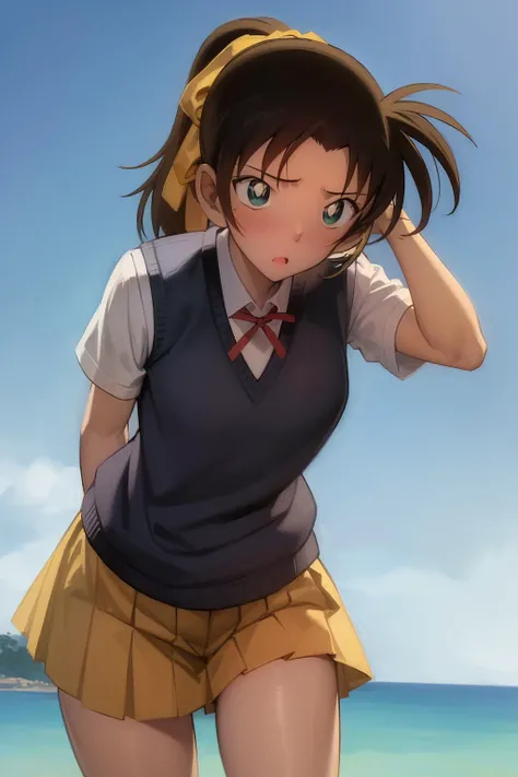 ((masterpiece)), (8k, high_resolution), (distinct_image), (best quality), (sunshine, face on light), (face on light:1.1), (meitantei conan \(style\), detecive conan \(style\), meitantei conan), solo, beautiful eyes and detailed face, ((1girl, solo)), medium breasts, wide hip, (abs:0.8),(ponytail), (school uniform, ribbon), (blush, adjusting hair), <lora:kazuha-015:1>