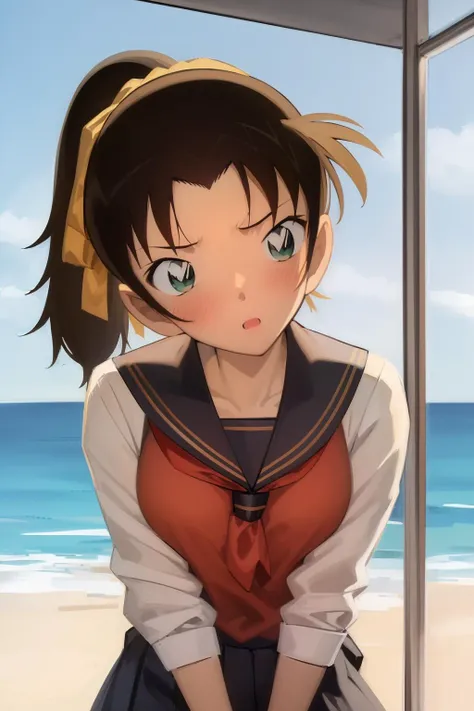 ((masterpiece)), (8k, high_resolution), (distinct_image), (best quality), (sunshine, face on light), (face on light:1.1), (meitantei conan \(style\), detecive conan \(style\), meitantei conan), solo, beautiful eyes and detailed face, ((1girl, solo)), medium breasts, wide hip, (abs:0.8),(ponytail), (school uniform, ribbon), (blush), <lora:kazuha-015:1>