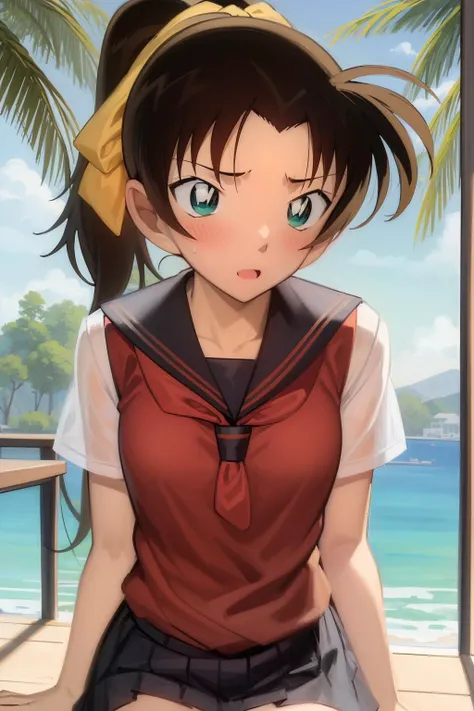 ((masterpiece)), (8k, high_resolution), (distinct_image), (best quality), (sunshine, face on light), (face on light:1.1), (meitantei conan \(style\), detecive conan \(style\), meitantei conan), solo, beautiful eyes and detailed face, ((1girl, solo)), medium breasts, wide hip, (abs:0.8),(ponytail), (school uniform, ribbon), (blush), <lora:kazuha-015:1>