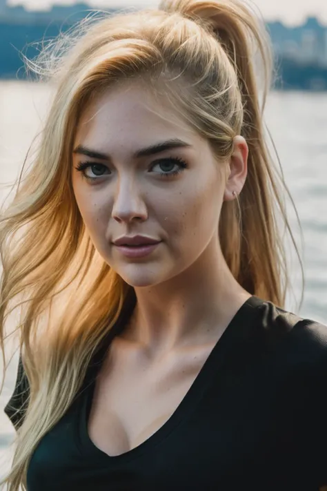 RAW, real photo portrait, kateUp1, on a boat, (wearing a wet black t-shirt), pretty face, insanely detailed eyes, light blonde hair, high ponytail, bokeh, natural light, depth of field, golden hour, sharp focus