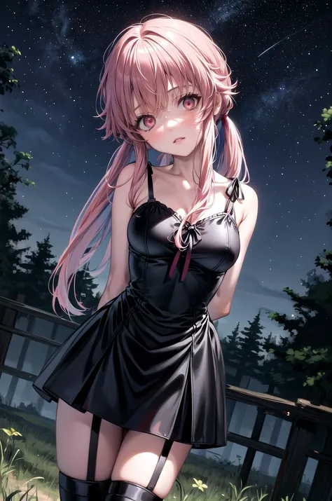 masterpiece, best quality, detailed, 1girl, solo, night, starry sky, forest, from below, cowboy shot, arms behind back, head tilt, looking at viewer, dutch angle,
gasai yuno, black dress, black thighhighs, sleeveless, garter straps, thigh boots <lora:GasaiYunoV2_2-000009:1> <lora:more_details:0.5>
