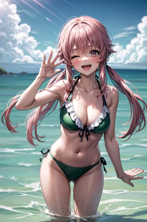 masterpiece, best quality, detailed, 1girl, solo, day, beach, ocean, wading, splashing, smile, open mouth, one eye closed, waving,
gasai yuno, green bikini, frilled bikini <lora:GasaiYunoV2_2-000009:1> <lora:more_details:0.5>
