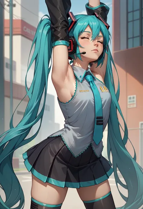 score_9, score_8_up, score_7_up, source_anime, solo, 1girl, hatsune miku, cammystretch, standing, stretching, arms up, aqua hair, twintails, headphones, sleeveless shirt, necktie, detached sleeves, black skirt, black thighhighs <lora:pose_cammystretch_ponyXL:1>