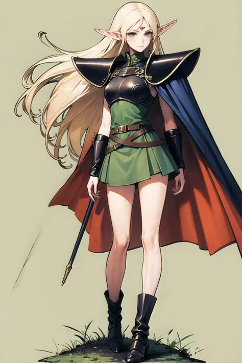 Deedlit,1girl,solo,pointy ears,long hair,cape,armor,blonde hair,elf,traditional media,standing,Green short skirt,slender legs,simple background,<lora:Deedlit:0.9>