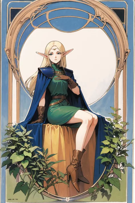 1girl,Deedlit,pointy ears,elf,solo,1990s (style),retro artstyle,long hair,cape,blonde hair,gloves,armor,boots,circlet,art nouveau,sitting,blue cape,knee boots,<lora:Deedlit:0.9>,(from_below:1.3),