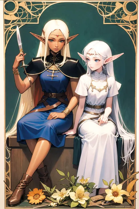 2girls, Deedlit, Pirotess, multiple girls, elf, pointy ears, long hair, dark skin, flower, blonde hair, jewelry, white hair, hair ornament, scissors, dark-skinned female, hair flower, circlet, traditional media, sitting, dress, knife, cape, <lora:Deedlit:0.9>