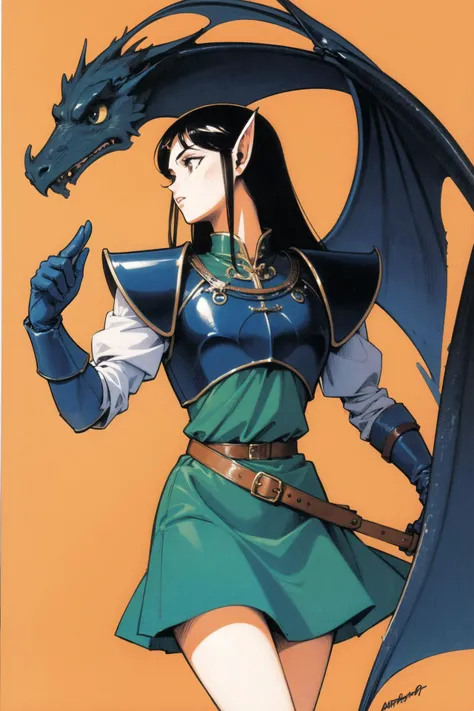 1girl, pointy ears, retro artstyle, long hair, dragon, belt, armor, traditional media, black hair, dress, skirt, <lora:Deedlit:0.9>