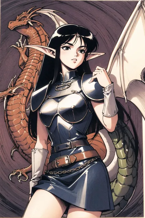 1girl, solo, pointy ears, retro artstyle, long hair, (dragon:1.5), belt, armor, traditional media, black hair, dress, skirt, <lora:Deedlit:0.9>