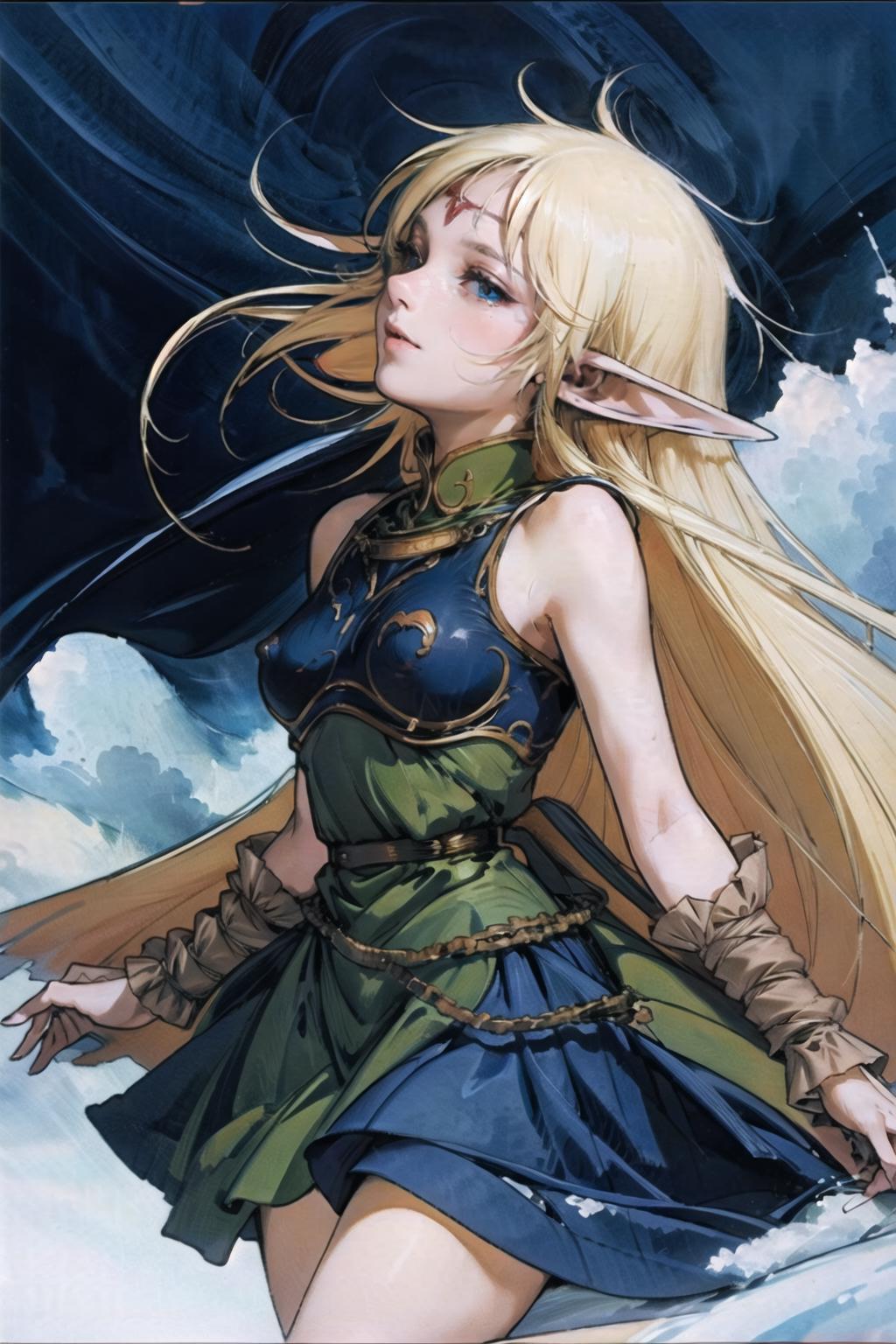 A woman in a blue dress with long blonde hair and a sword - SeaArt AI