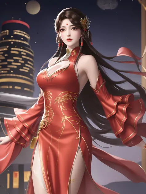 1girl,clothing cutout,dress,bare shoulders,chinese clothes, facial hair, forehead mark, hair ornament, long hair, jewelry, hair rings, cityscape, night, looking at viewer, mature female, brown hair, chinese clothes,see-through,trim, cowboy shot, <lora:HUOLINGERwmsj_20230723202034:0.75>