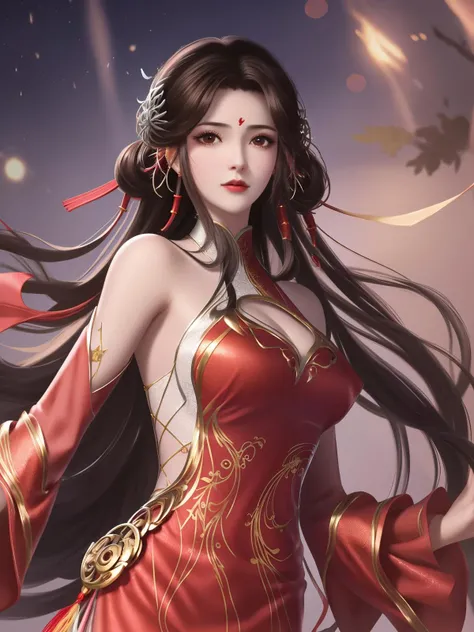 1girl,clothing cutout,dress,bare shoulders,chinese clothes, facial hair, forehead mark, hair ornament, long hair, jewelry, hair rings, cityscape, night, looking at viewer, mature female, brown hair, chinese clothes,see-through,trim, cowboy shot, <lora:HUOLINGERwmsj_20230723202034:0.8>