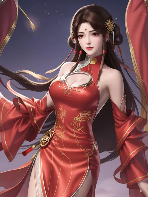 1girl,clothing cutout,dress,bare shoulders,chinese clothes, facial hair, forehead mark, hair ornament, long hair, jewelry, hair rings, cityscape, night, looking at viewer, mature female, brown hair, chinese clothes,see-through,trim, cowboy shot,  <lora:HUOLINGERwmsj_20230723202034:0.75>