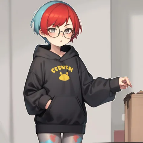 cowboy shot, 1girl, <lora:penny-10:0.65> Penny, Black Hoodie, Grey Pantyhose, multicolored hair, very short hair, round glasses, gray eyes, red hair, cyan hair, 
<lora:KelvinHiuArtist-20:0.9>,   KelvinHiuArtist ,flat colors, ,sketch,