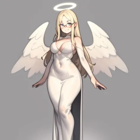 1girl,solo, detailed eyes, smile, perfect face, urban area , glasses, angel girl, oni,full body, blonde hair,  pale skin ,   halo ,wings, , very long hair, whit dress, 
<lora:KelvinHiuArtist-20:0.9>,   KelvinHiuArtist ,flat colors, ,sketch,