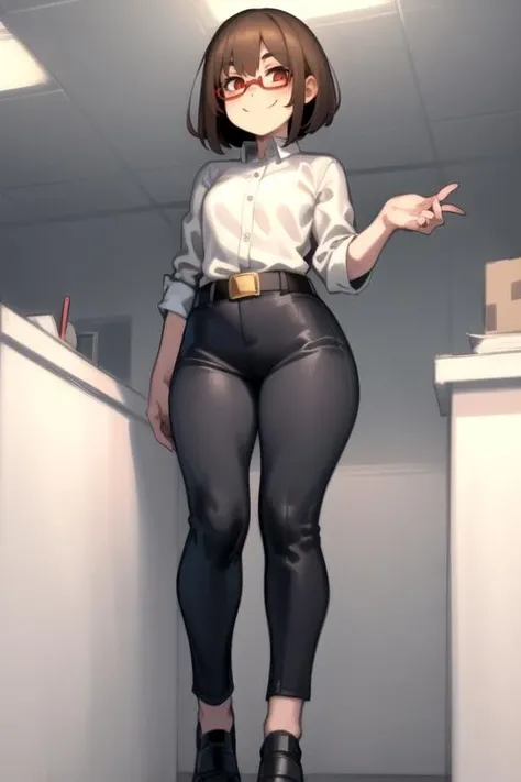 full body, 1girl, solo, brown hair, smile, looking down, office lady, red eyes, glasses, detailed , pants, belt, short hair, black hair, white shirt, black pants, hair 
  <lora:KelvinHiuArtist-20:0.9>,   KelvinHiuArtist ,flat colors, ,sketch,