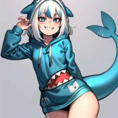 flat colors, 1girl, multicolored hair , blue eyes,smile, <lora:gawrGura:0.6> gawr gura, shark girl, shark tail, shark print, blue hoodie, sharp teeth, animal hood,white hair, blue hair strands,
  <lora:KelvinHiuArtist-20:0.9>,   KelvinHiuArtist ,flat colors, ,sketch,