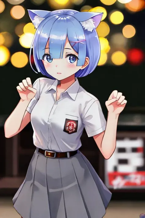 (((Ultra-HD-quality-details))) 1girl, rem\(rezero\), paw pose, nekomimi, cewe-sma, white shirt, gray skirt , belt, looking at viewer, ((bokeh)) <lora:cewe-sma:1>