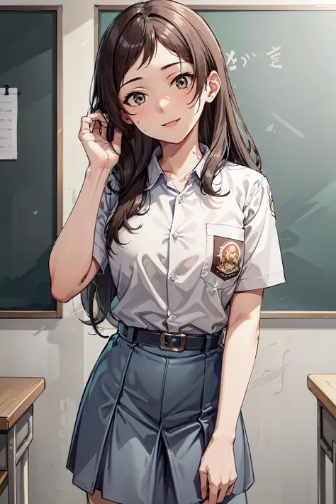 (masterpiece, best quality, ultra detailed), (perfect face, detailed face), (detailed background, complex background:1.2), sweating,
8k,best quality, highres, cowboy shot, looking at viewer, smile, classroom,
<lora:KitazawaShiho:0.7> KitazawaShiho, 1girl, cewe-sma, from fitting, white shirt, gray skirt, belt, indoors, <lora:cewe-sma-2:1>