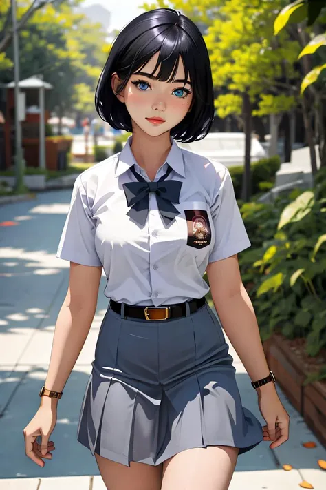 (((Ultra-HD-quality-details)))   1girl, short hair, heterochromia, nekomimi, cewe-sma, white shirt, gray skirt , belt, looking at viewer, nature, ((bokeh)) <lora:cewe-sma:1>