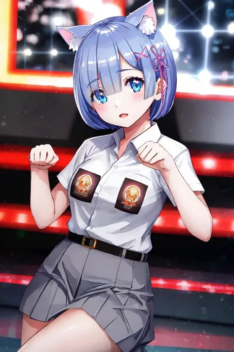 (((Ultra-HD-quality-details))) 1girl, rem\(rezero\), paw pose, nekomimi, cewe-sma, white shirt, gray skirt , belt, looking at viewer, ((bokeh)) <lora:cewe-sma:1>